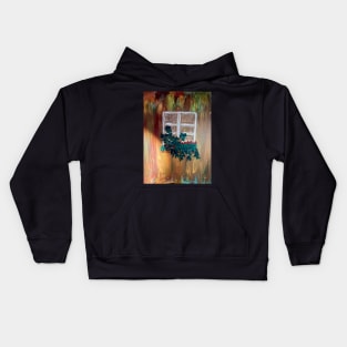 sunny day old window with flowers in colorful house Kids Hoodie